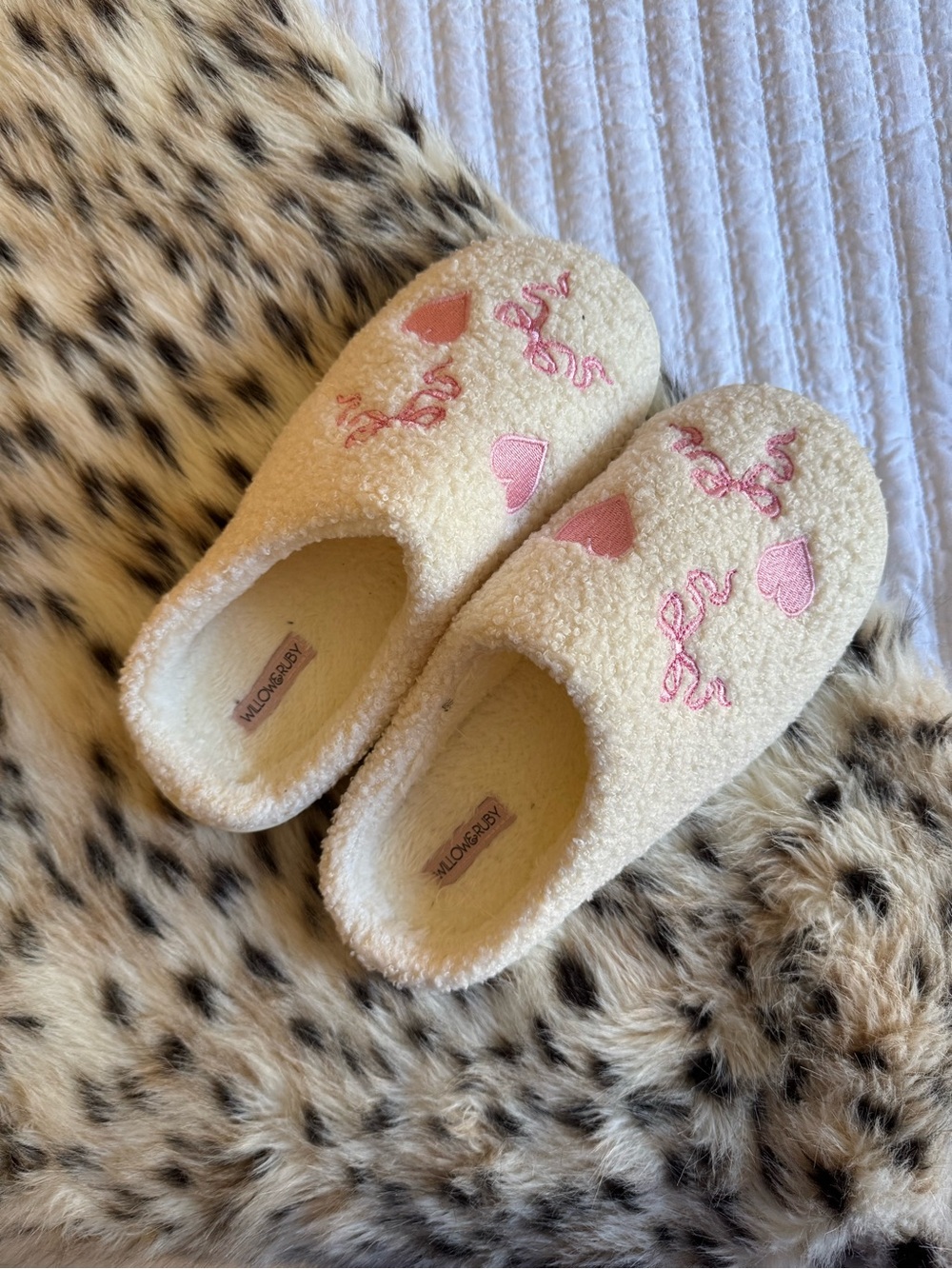 Cozy Cream Sherpa Slippers with Pink Heart Embroidery